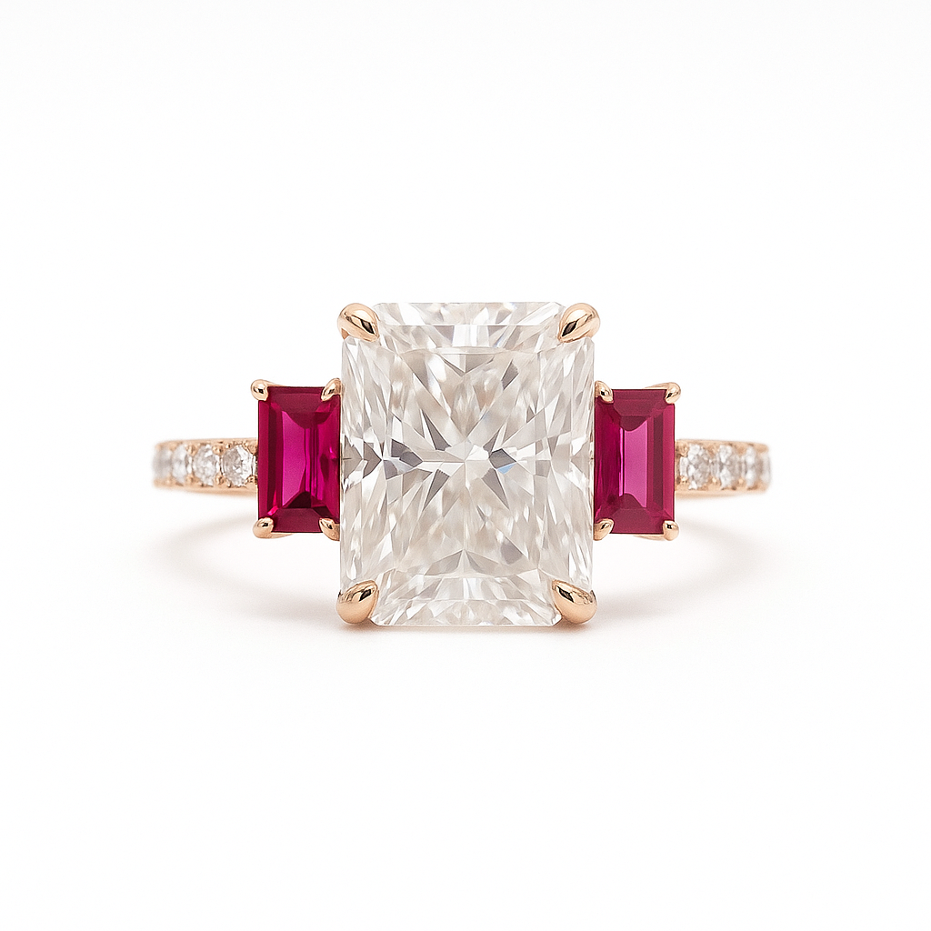 3.5 carat Radiant Cut Moissanite Trilogy Ring with Rubies
