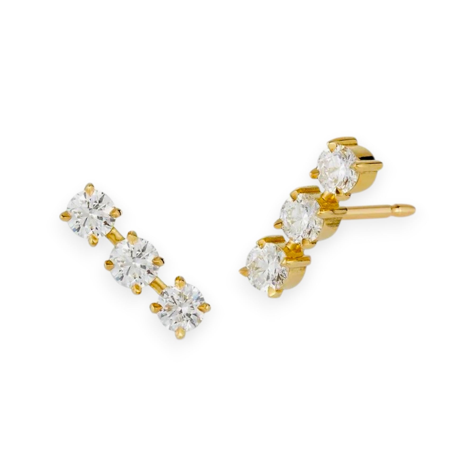Triple round moissanite stud earrings in 14k yellow gold with prong settings – Gems of Elah