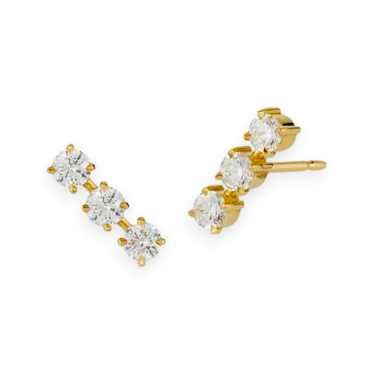 Triple round moissanite stud earrings in 14k yellow gold with prong settings – Gems of Elah