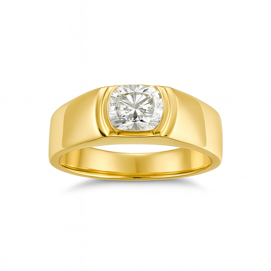 Wide gold moissanite bezel ring for women in sterling silver, bold modern design | Ethical moissanite jewellery Sydney | Engagement rings Australia