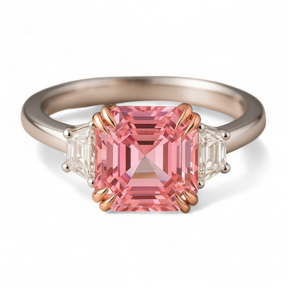 4 Carat tw Asscher Cut Pink Moissanite Trilogy Ring