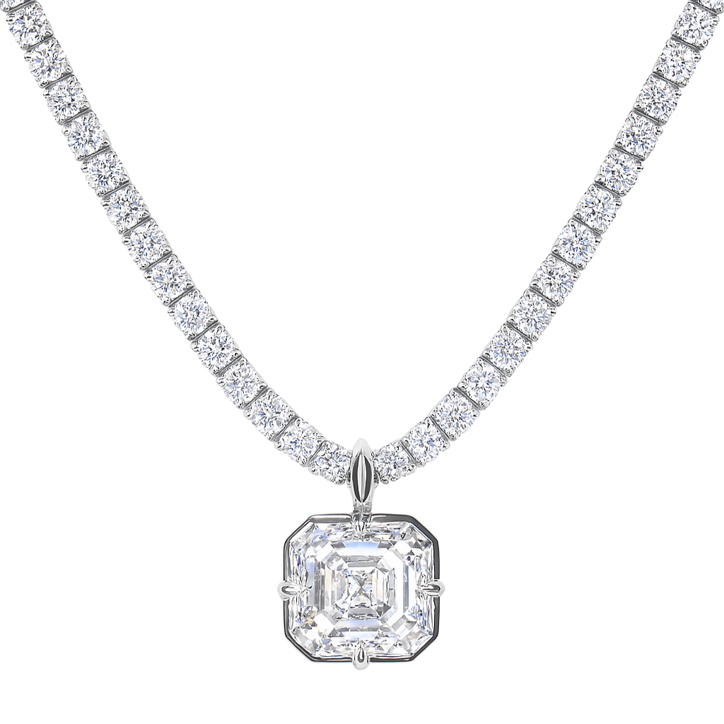Diamond necklace with a pendant on a white background. 5ct Asscher cut moissanite pendant in white gold with detachable bail. Sydney’s finest ethical jewellery.