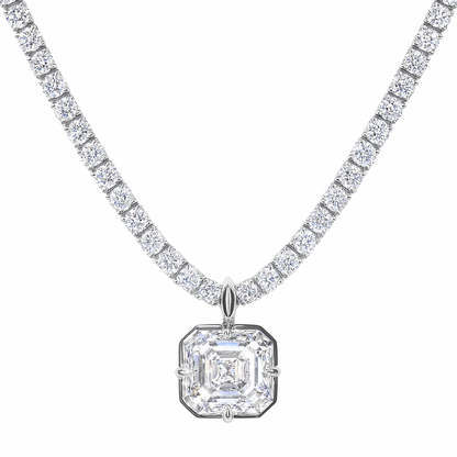 Diamond necklace with a pendant on a white background. 5ct Asscher cut moissanite pendant in white gold with detachable bail. Sydney’s finest ethical jewellery.