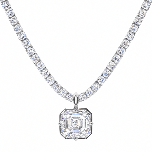 Diamond necklace with a pendant on a white background. 5ct Asscher cut moissanite pendant in white gold with detachable bail. Sydney’s finest ethical jewellery.