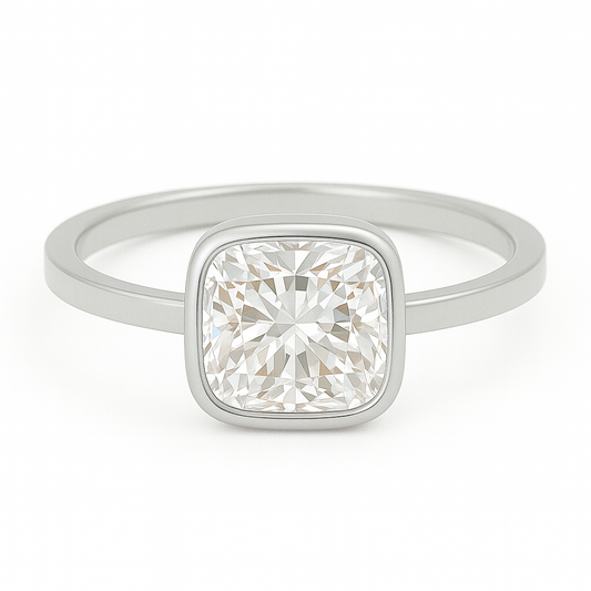 1 carat cushion cut bezel set moissanite ring in gold-plated sterling silver with flat band – moissanite jewellery Sydney, Australia