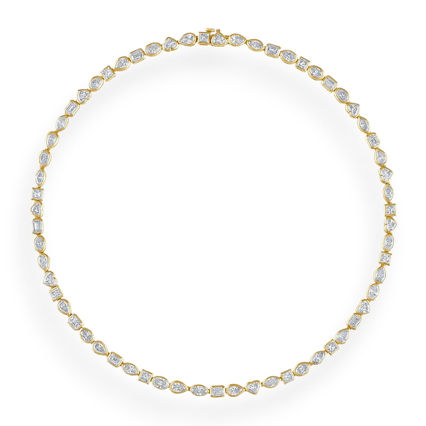 Gold necklace with clear stones on a white background
