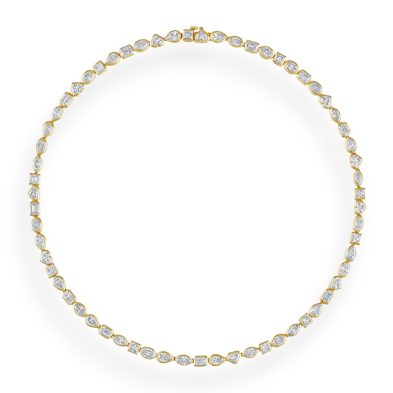 Gold necklace with clear stones on a white background