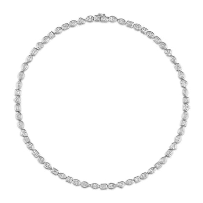 Mixed shape tennis necklace. Bezel-set moissanite tennis necklace in yellow gold with mixed fancy cut stones