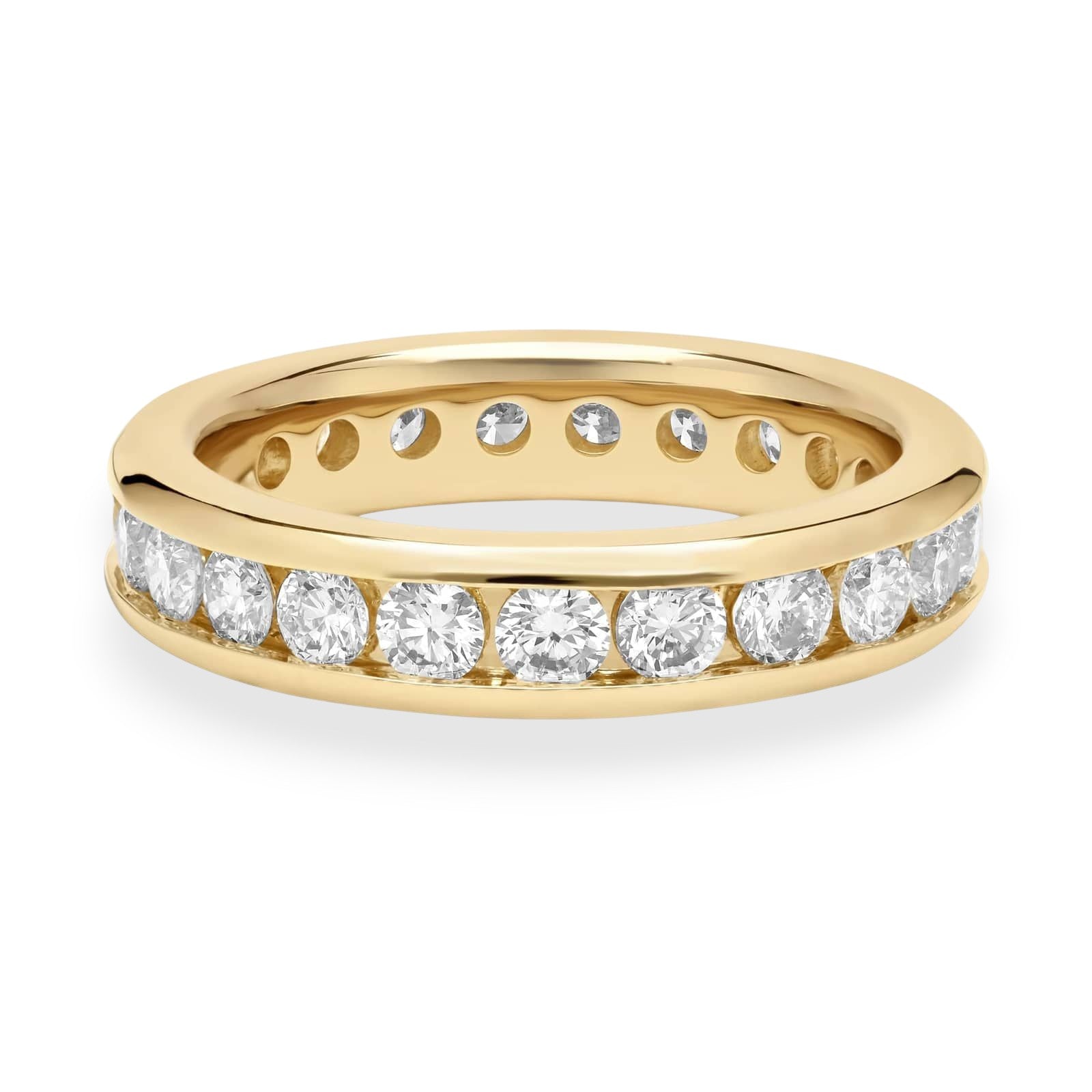 Gold ring with embedded diamonds on a white background. Classic 18K yellow gold eternity band with channel-set moissanite. Sleek, secure, and endlessly elegant.