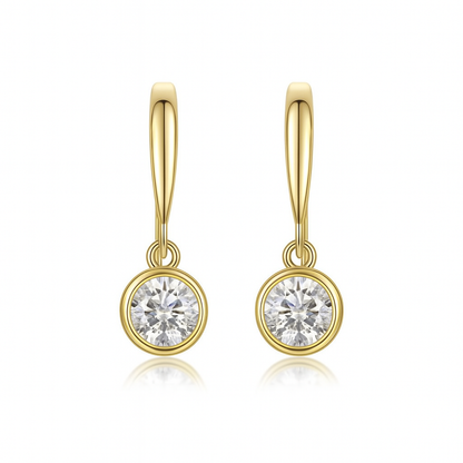 Gold-plated sterling silver drop earrings with bezel-set round moissanite stones, modern ethical diamond alternative jewellery in Australia