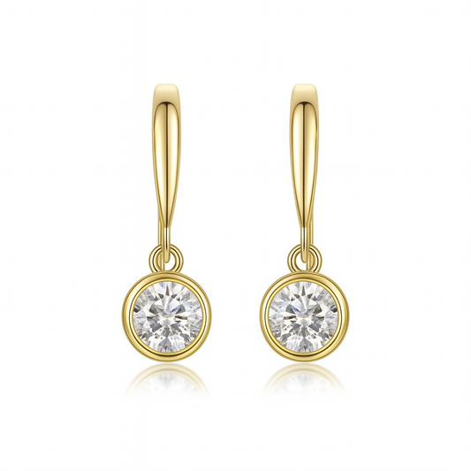 Gold-plated sterling silver drop earrings with bezel-set round moissanite stones, modern ethical diamond alternative jewellery in Australia