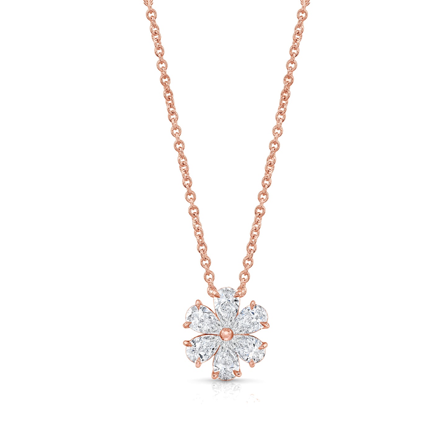 Yellow gold moissanite flower pendant necklace with pear-cut petals and matching gold chain