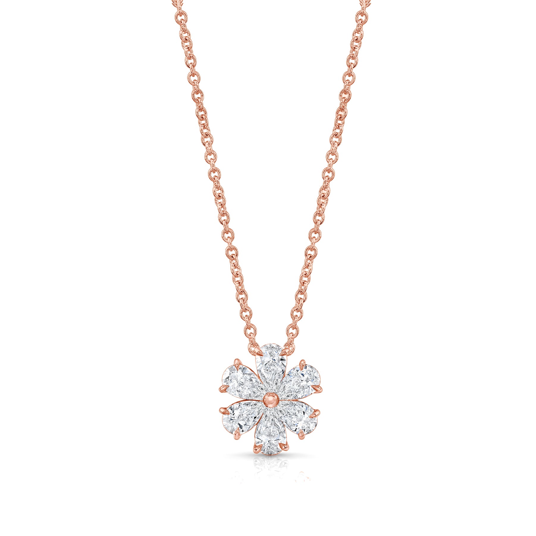 Yellow gold moissanite flower pendant necklace with pear-cut petals and matching gold chain