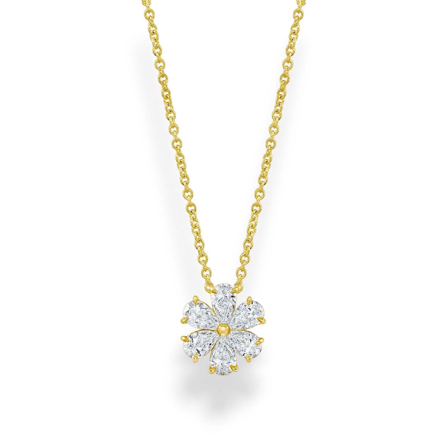 Gold necklace with a diamond flower pendant on a white background. Yellow gold moissanite flower pendant necklace with pear-cut petals and matching gold chain