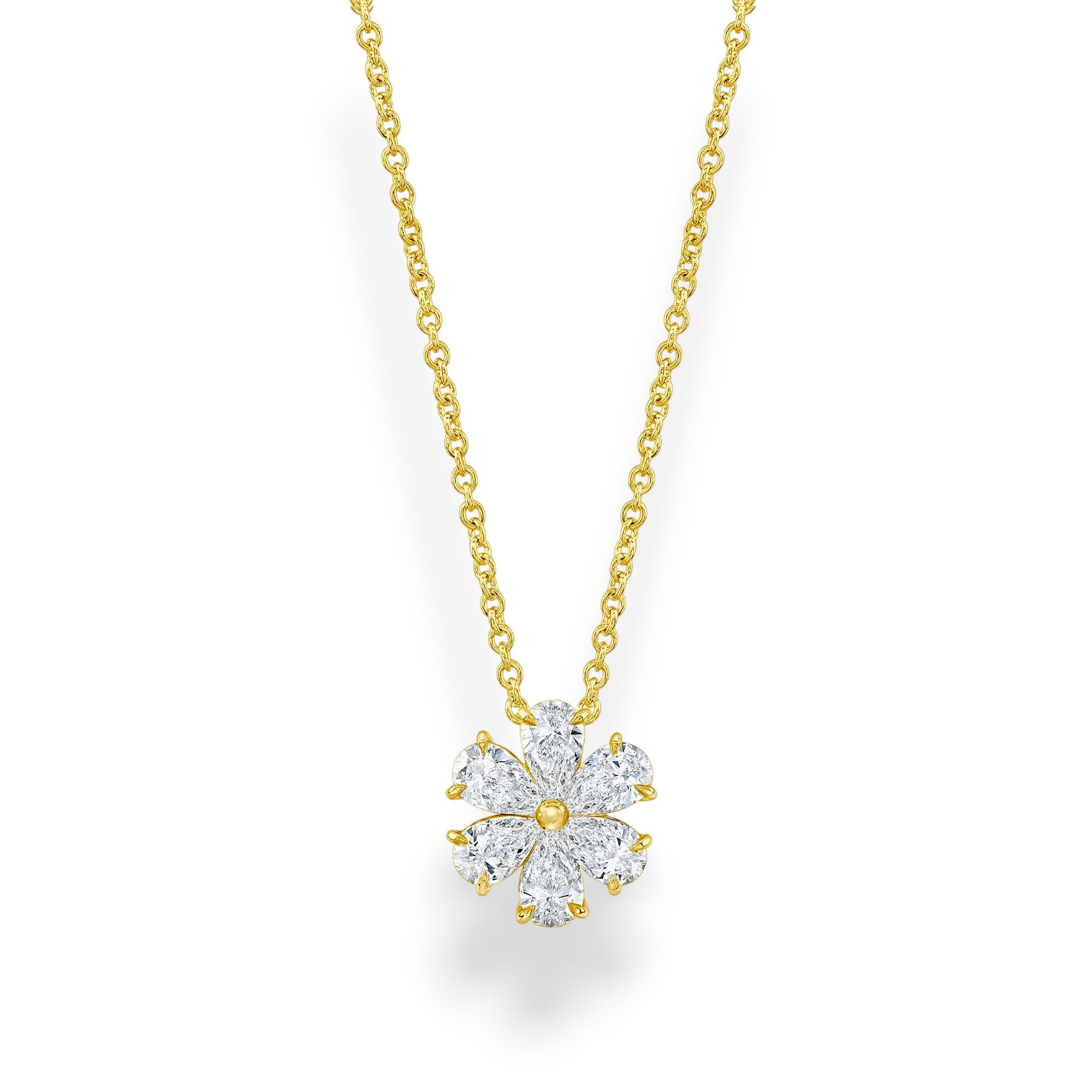 Gold necklace with a diamond flower pendant on a white background. Yellow gold moissanite flower pendant necklace with pear-cut petals and matching gold chain