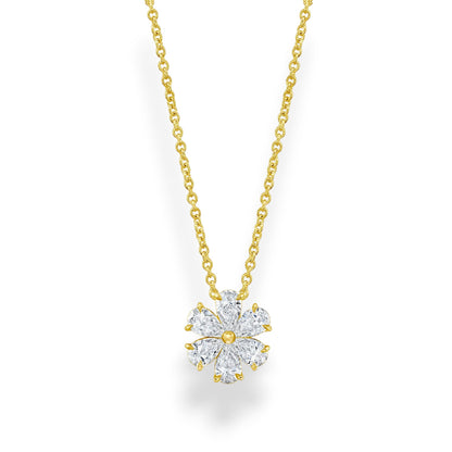 Gold necklace with a diamond flower pendant on a white background. Yellow gold moissanite flower pendant necklace with pear-cut petals and matching gold chain