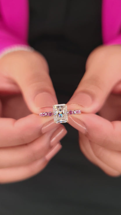 1.67 Carat Radiant Cut Moissanite & Pink Sapphire 10K Gold Ring