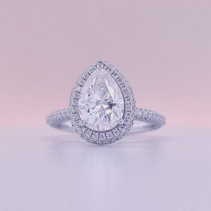 2 carat Pear Cut Moissanite Halo Ring 3D pave Ring