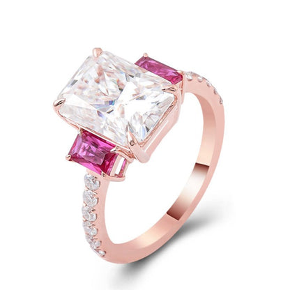 3.5 carat Radiant Cut Moissanite Trilogy Ring with Rubies