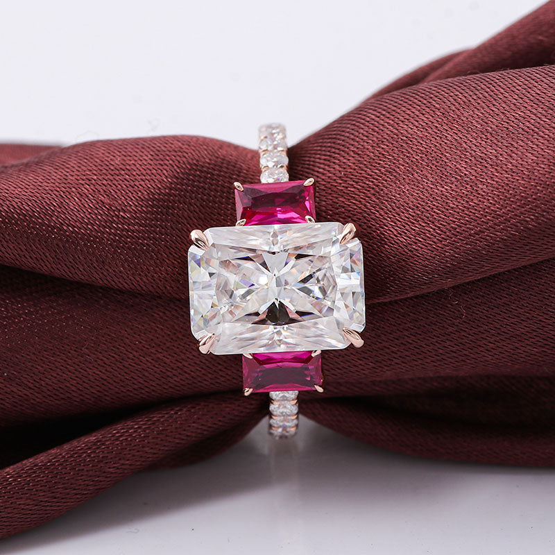 3.5 carat Radiant Cut Moissanite Trilogy Ring with Rubies