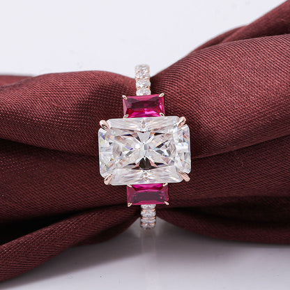 3.5 carat Radiant Cut Moissanite Trilogy Ring with Rubies