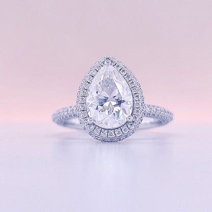 2 carat Pear Cut Moissanite Halo Ring 3D pave Ring