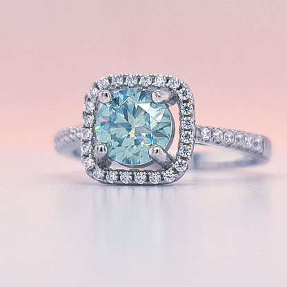 1 Carat Green Round Moissanite Square Halo Ring