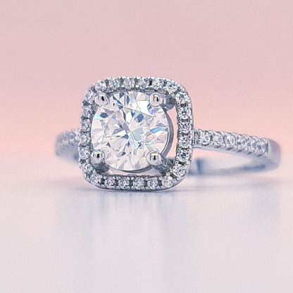 1 Carat Round Moissanite Square Halo Ring