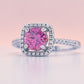 1 Carat Pink Round Moissanite Square Halo Ring