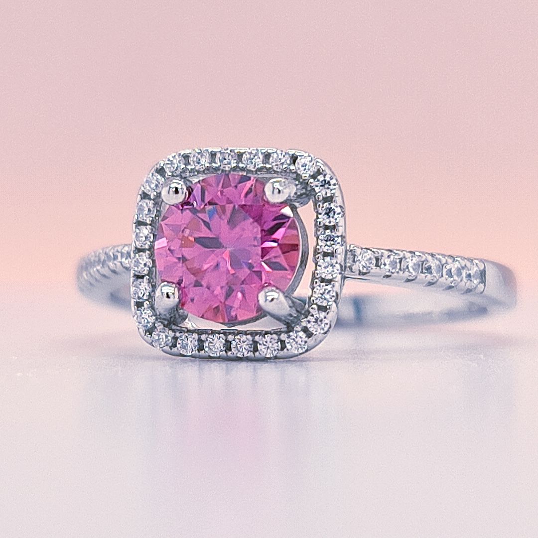 1 Carat Pink Round Moissanite Square Halo Ring