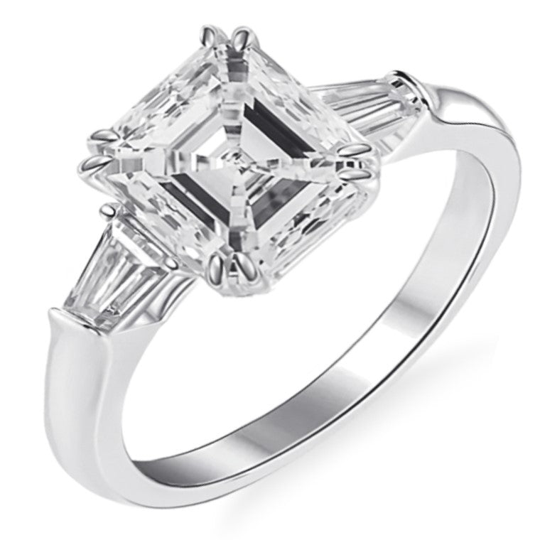 A 4 carat total weight asscher and trapezoid cut moissanite trilogy ring with a plain band and double claw set.