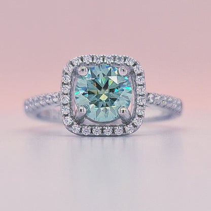1 Carat Green Round Moissanite Square Halo Ring