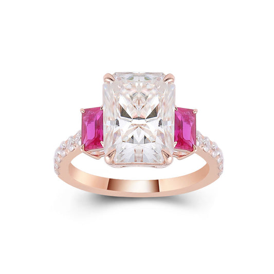 3.5 Carat Radiant Cut Moissanite & Ruby Trilogy Ring