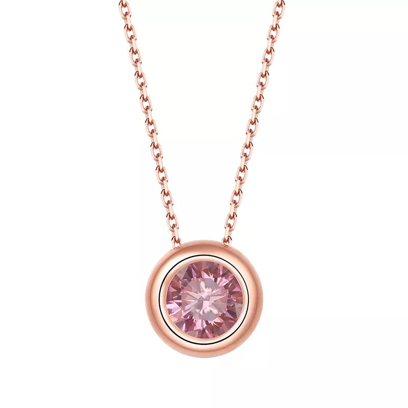 1 Carat Round  Cut Moissanite Bezel Necklace in Rose Gold