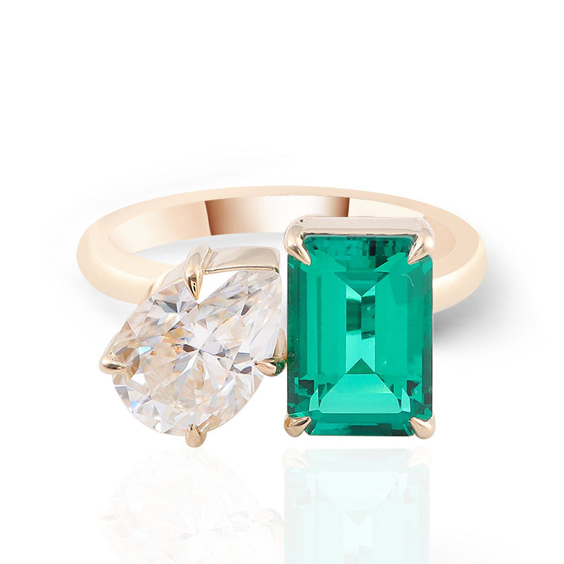 Toi et Moi Pear Cut Moissanite & Emerald Ring
