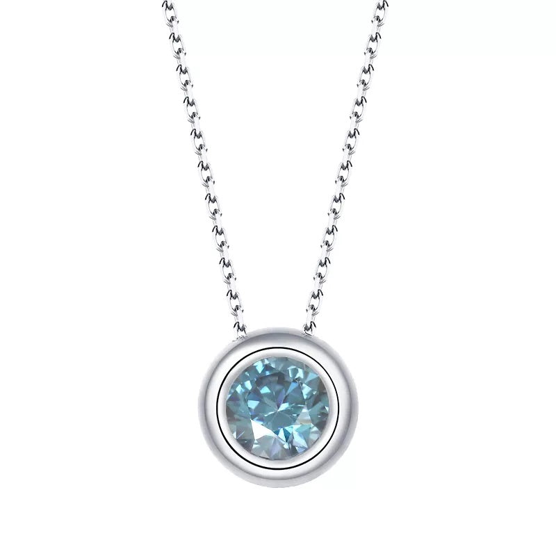 1 Carat Round  Cut Moissanite Bezel Necklace in Silver