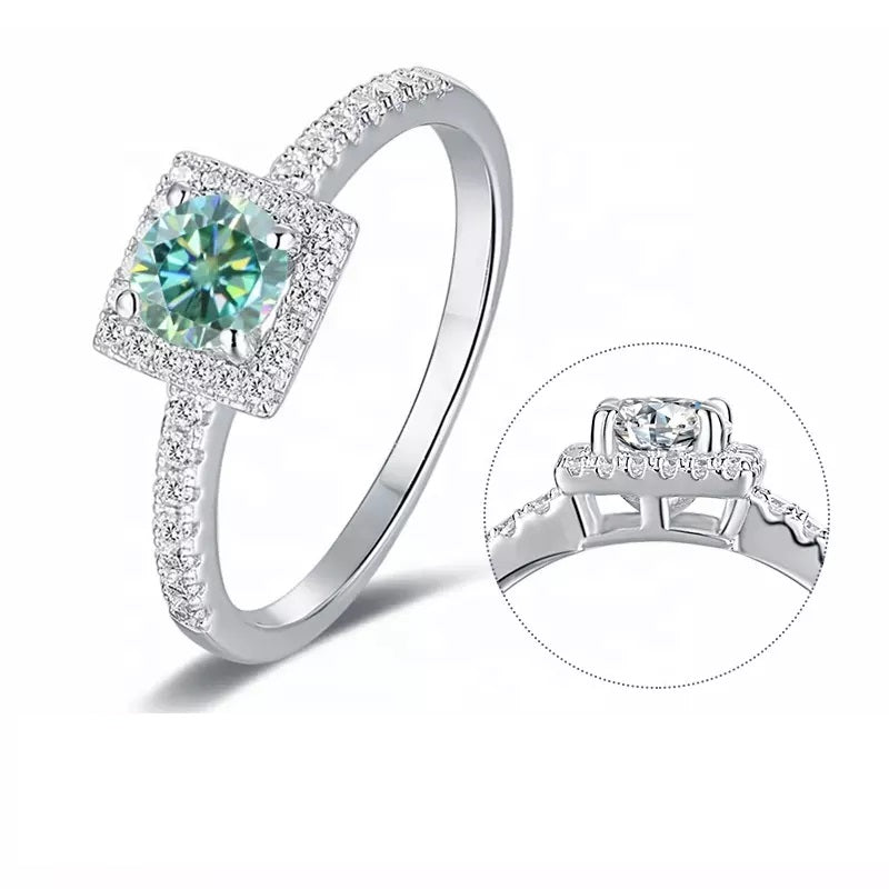 1 Carat Round Moissanite Square Halo Ring