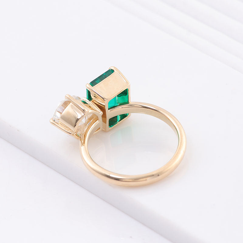 Toi et Moi Pear Cut Moissanite & Emerald Ring