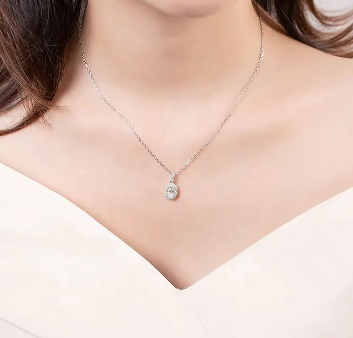 1 Carat Oval Cut Halo Moissanite Necklace