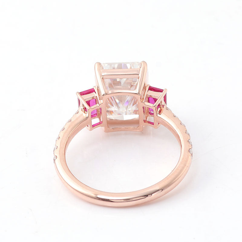 3.5 Carat Radiant Cut Moissanite & Ruby Trilogy Ring