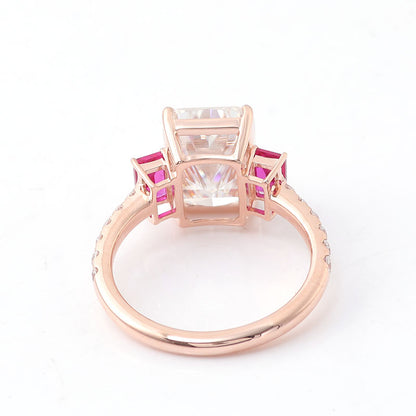 3.5 Carat Radiant Cut Moissanite & Ruby Trilogy Ring