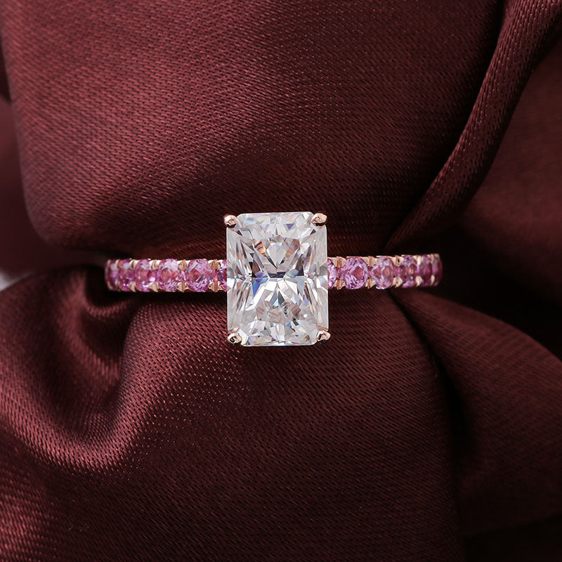 1.8 Carat Radiant Cut Moissanite and Pink Sapphire Engagement Ring