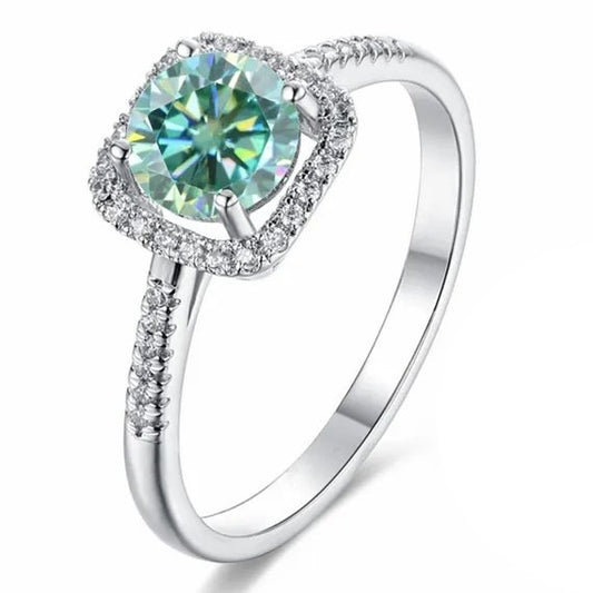 1 Carat Green Round Moissanite Square Halo Ring