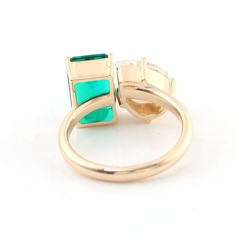 Toi et Moi Pear Cut Moissanite & Emerald Ring