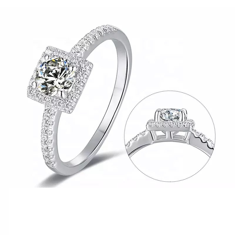 1 Carat Round Moissanite Square Halo Ring