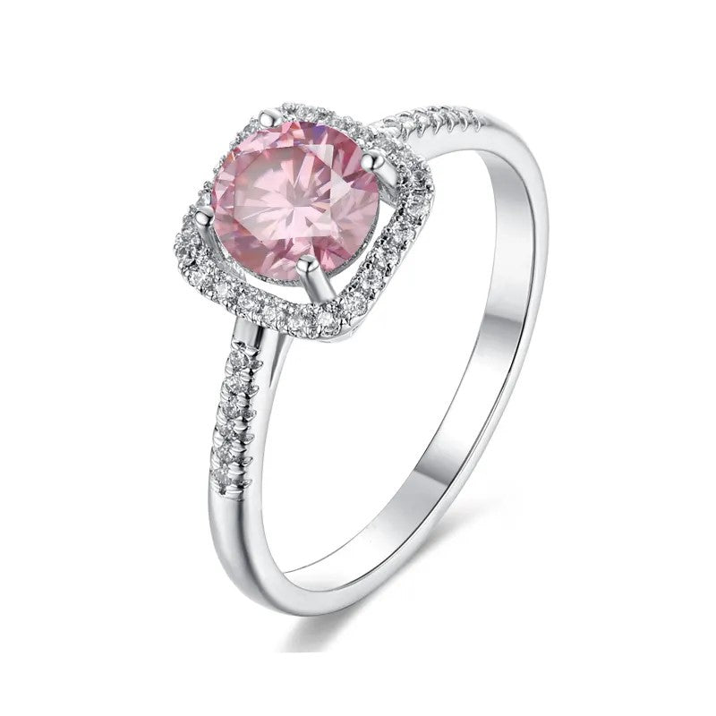 1 Carat Pink Round Moissanite Square Halo Ring