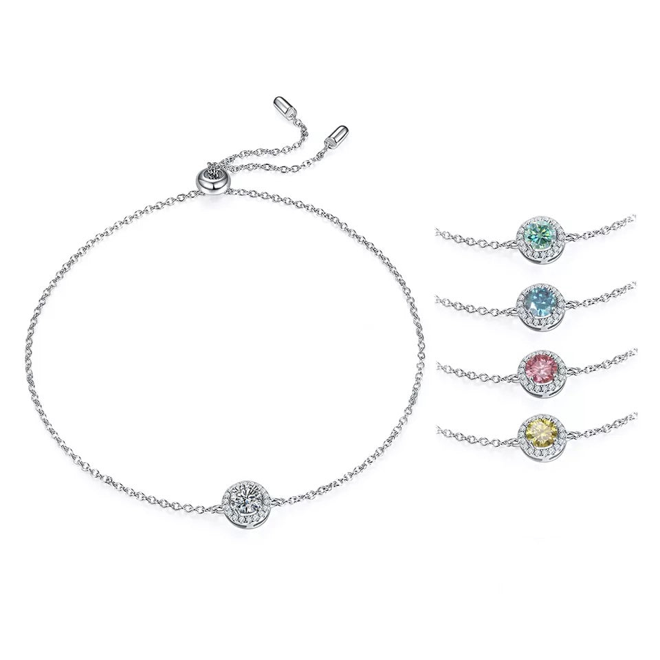 0.5 Carat Round Moissanite Halo Bracelet on white background. Pink yellow blue green options shown on side