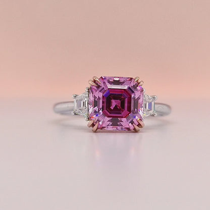 4 Carat tw Asscher Cut Pink Moissanite Trilogy Ring