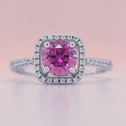 1 Carat Pink Round Moissanite Square Halo Ring